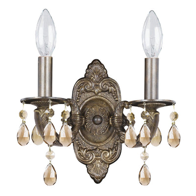 ##Antique Hardware## Paris Market 2 Light Golden Teak Hand Cut Crystal Venetian Bronze Sconce