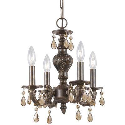 ##Antique Hardware## Paris Market 4 Light Golden Teak Hand Cut Crystal Venetian Bronze Mini Chandelier