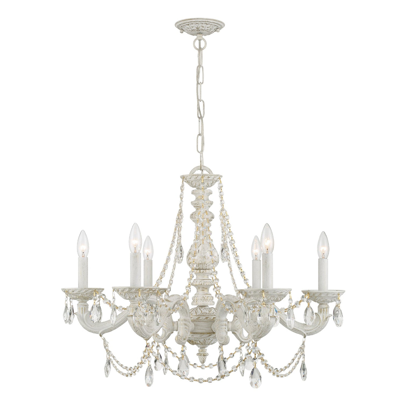 ##Antique Hardware## Paris Market 6 Light Clear Italian Crystal Antique White Chandelier