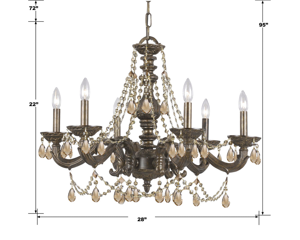 ##Antique Hardware## Paris Market 6 Light Golden Teak Hand Cut Crystal Venetian Bronze Chandelier