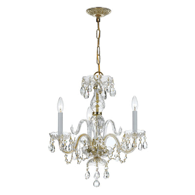 ##Antique Hardware## Traditional Crystal 3 Light Clear Italian Crystal Polished Brass Mini Chandelier