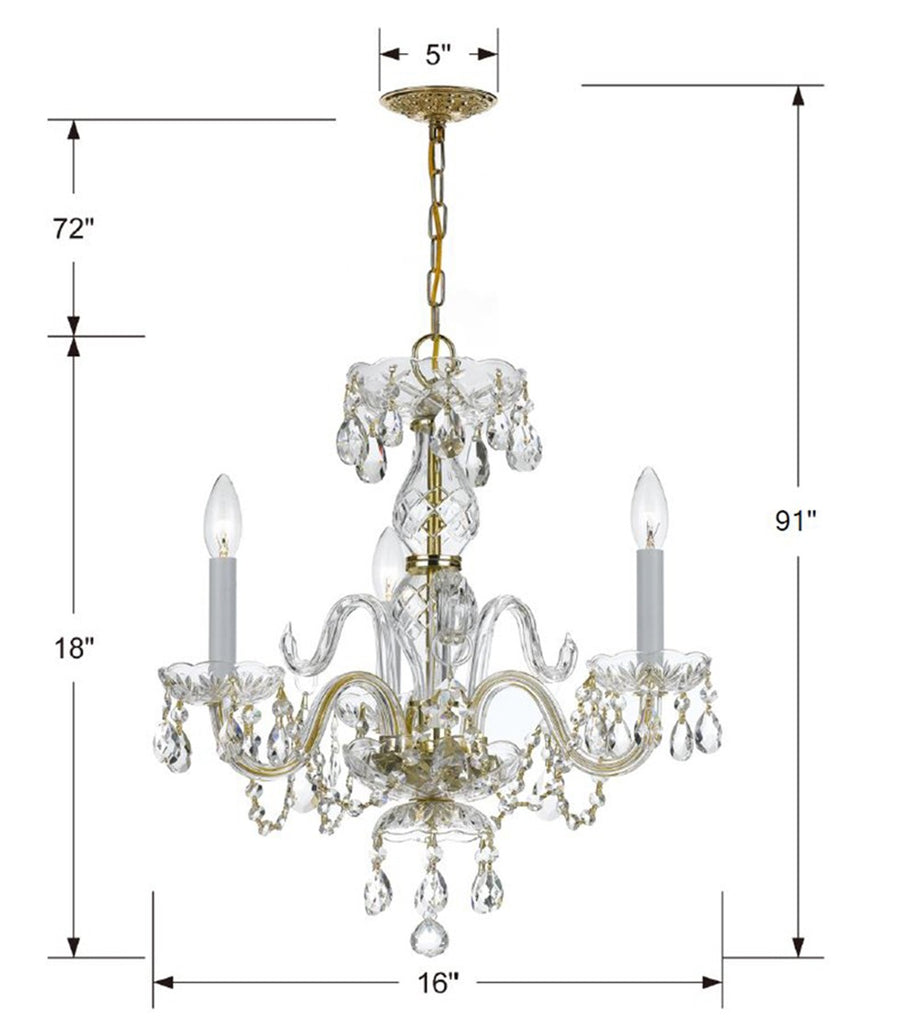 ##Antique Hardware## Traditional Crystal 3 Light Clear Italian Crystal Polished Brass Mini Chandelier