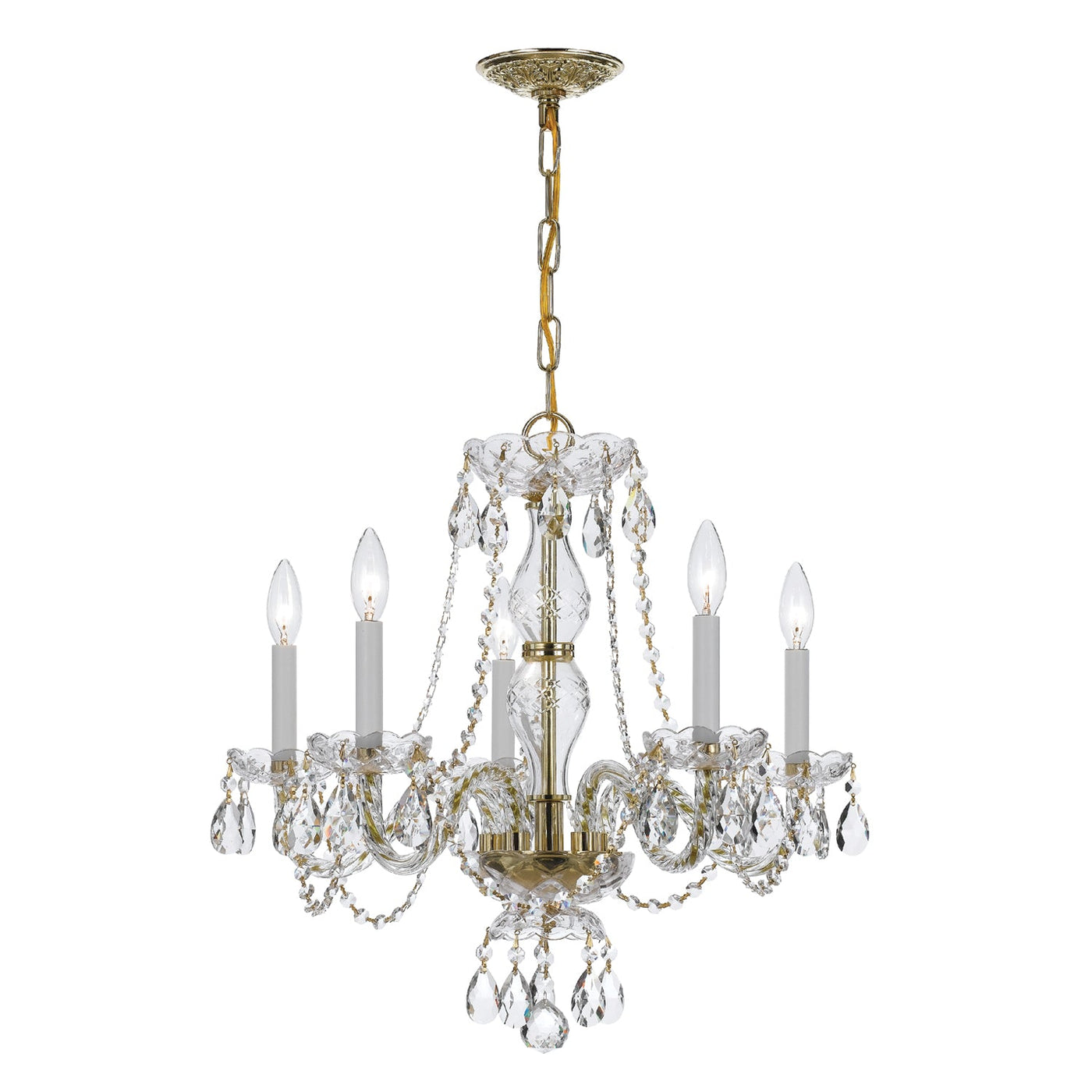 ##Antique Hardware## Traditional Crystal 5 Light Clear Crystal Polished Brass Chandelier