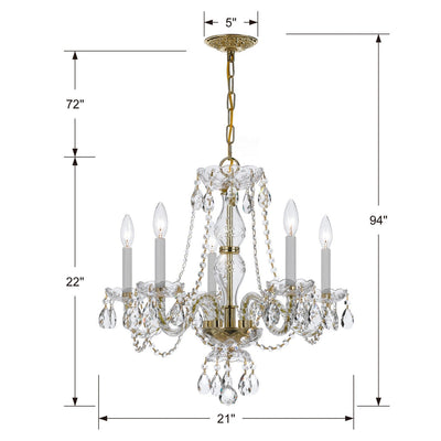 ##Antique Hardware## Traditional Crystal 5 Light Swarovski Strass Crystal Polished Brass Chandelier