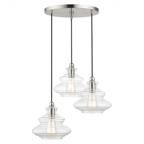 Antique Hardware 3 Light Brushed Nickel Pendant Chandelier with Chrome Finish Accents Chandelier