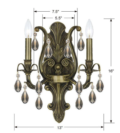 Antique Hardware Dawson 2 Light Golden Teak Hand Cut Crystal Antique Brass Sconce Wall Sconce