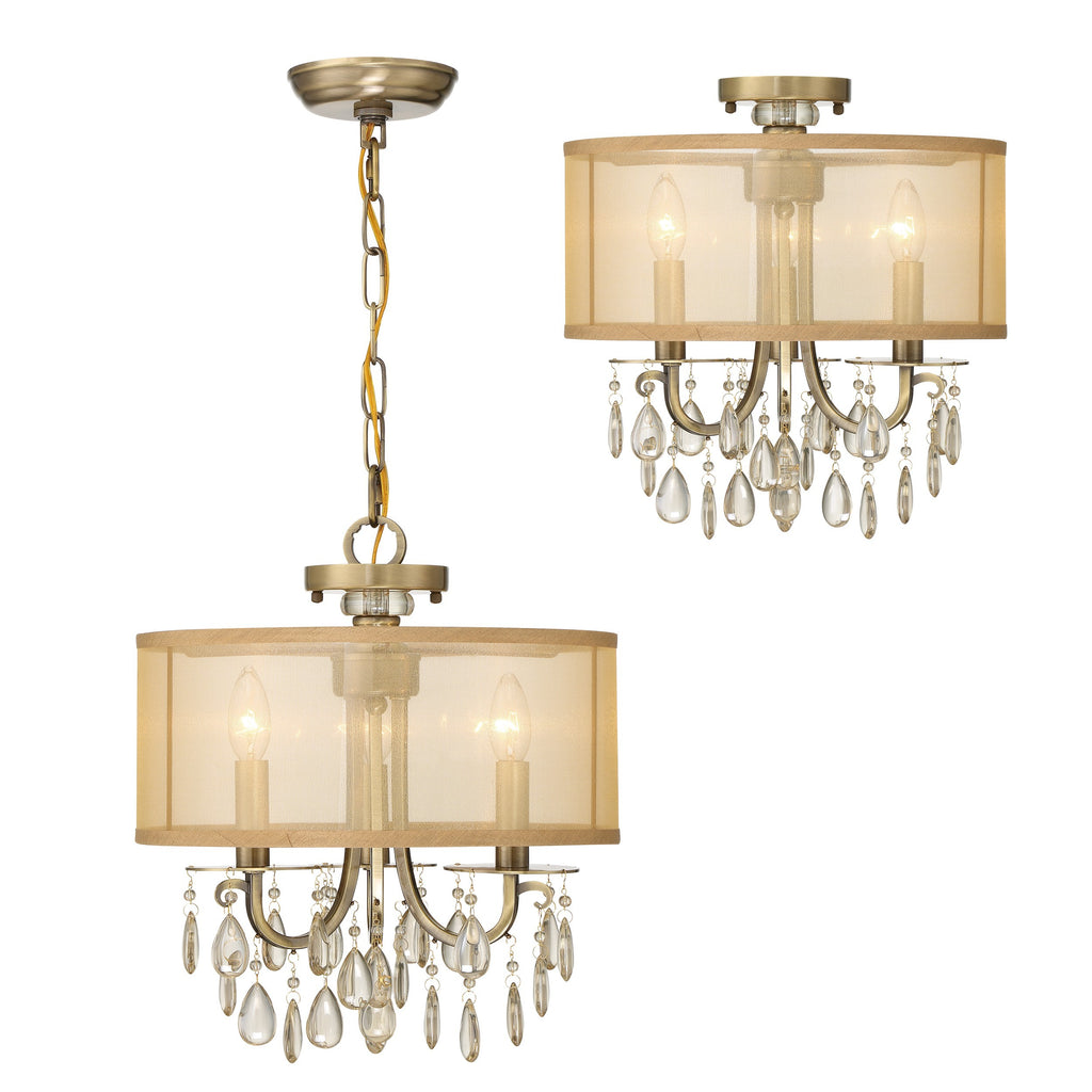 Antique Hardware Hampton 3 Light Antique Brass Etruscan Crystal Drum Shade Mini Chandelier Chandelier