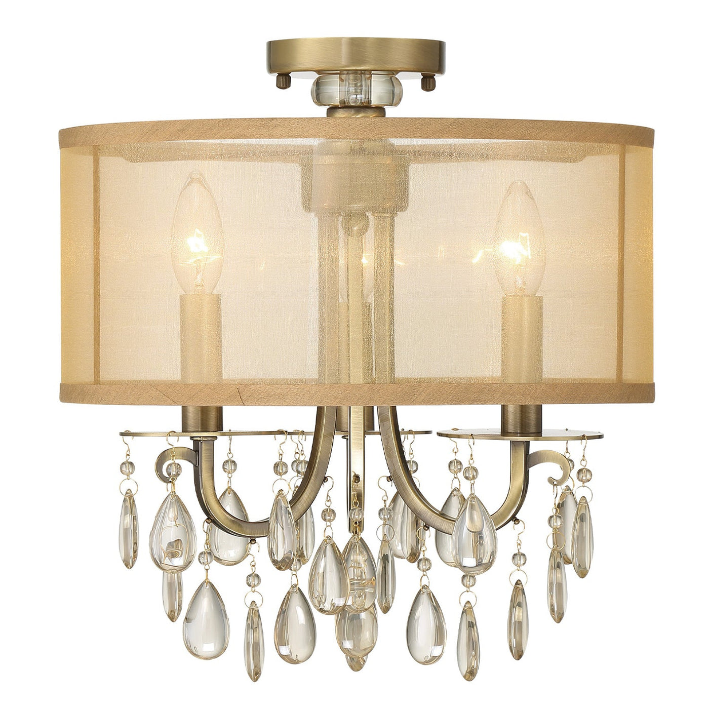 Antique Hardware Hampton 3 Light Antique Brass Etruscan Crystal Drum Shade Semi Flush Mount Semi Flush