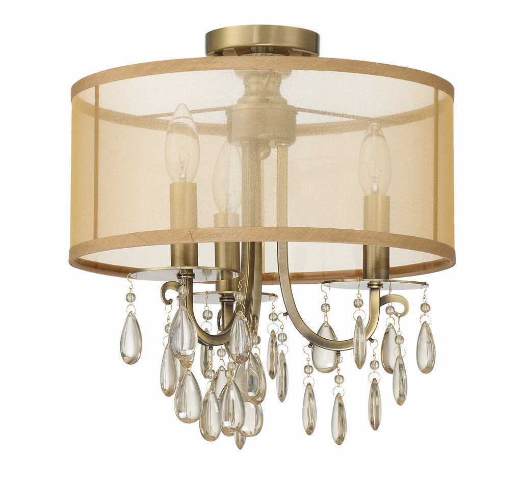 Antique Hardware Hampton 3 Light Antique Brass Etruscan Crystal Drum Shade Semi Flush Mount Semi Flush