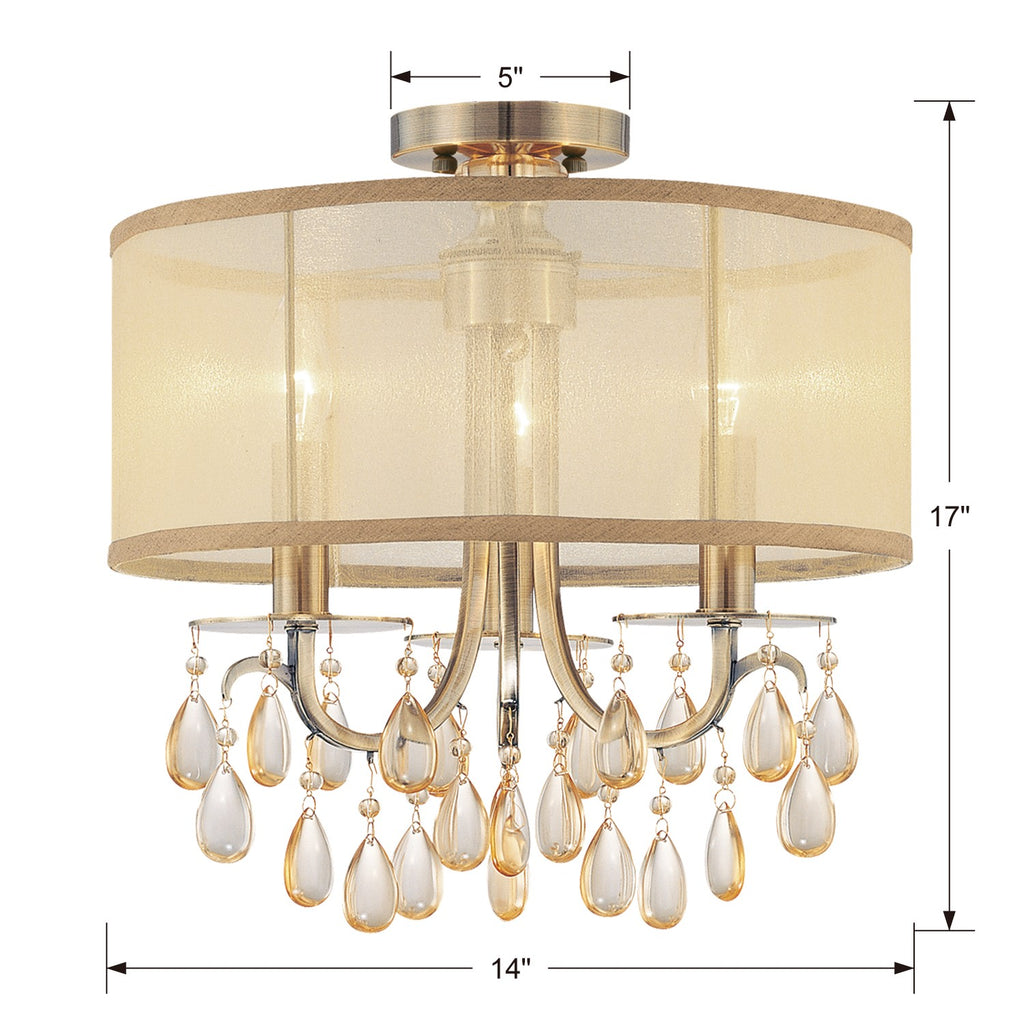 Antique Hardware Hampton 3 Light Antique Brass Etruscan Crystal Drum Shade Semi Flush Mount Semi Flush