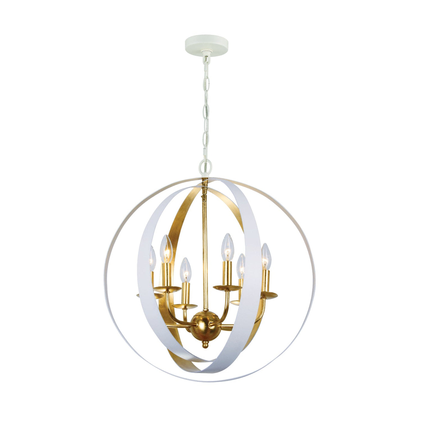 ##Antique Hardware## Luna 6 Light Matte White + Antique Gold Sphere Large Chandelier