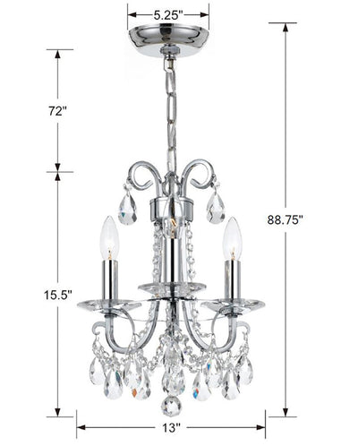 ##Antique Hardware## Othello 3 Light Swarovski Strass Crystal Polished Chrome Mini Chandelier