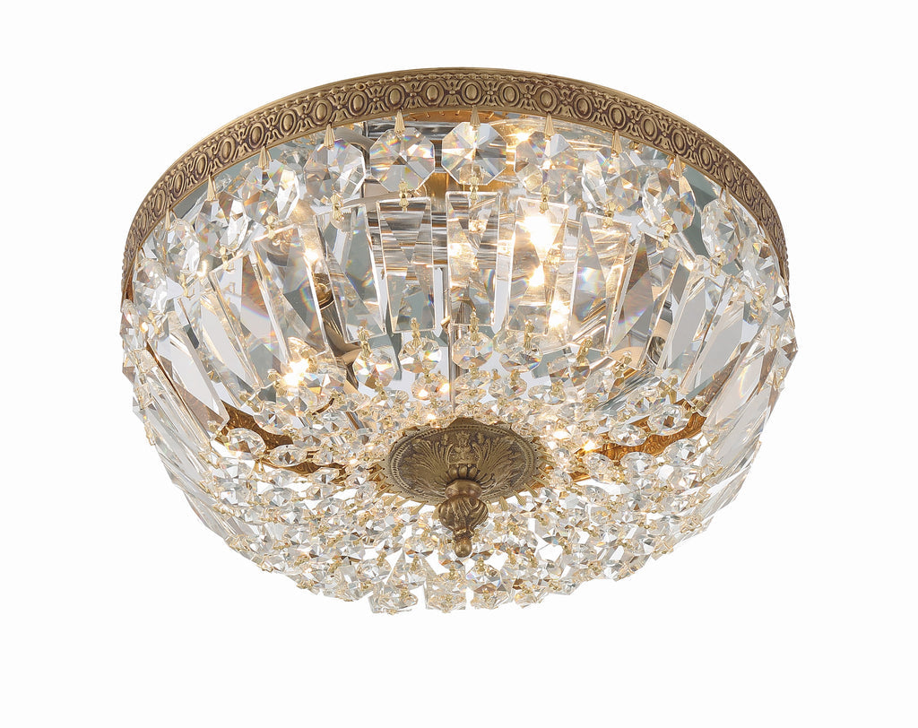 ##Antique Hardware## Crystorama 3 Light Clear Italian Crystal Olde Brass Flush Mount