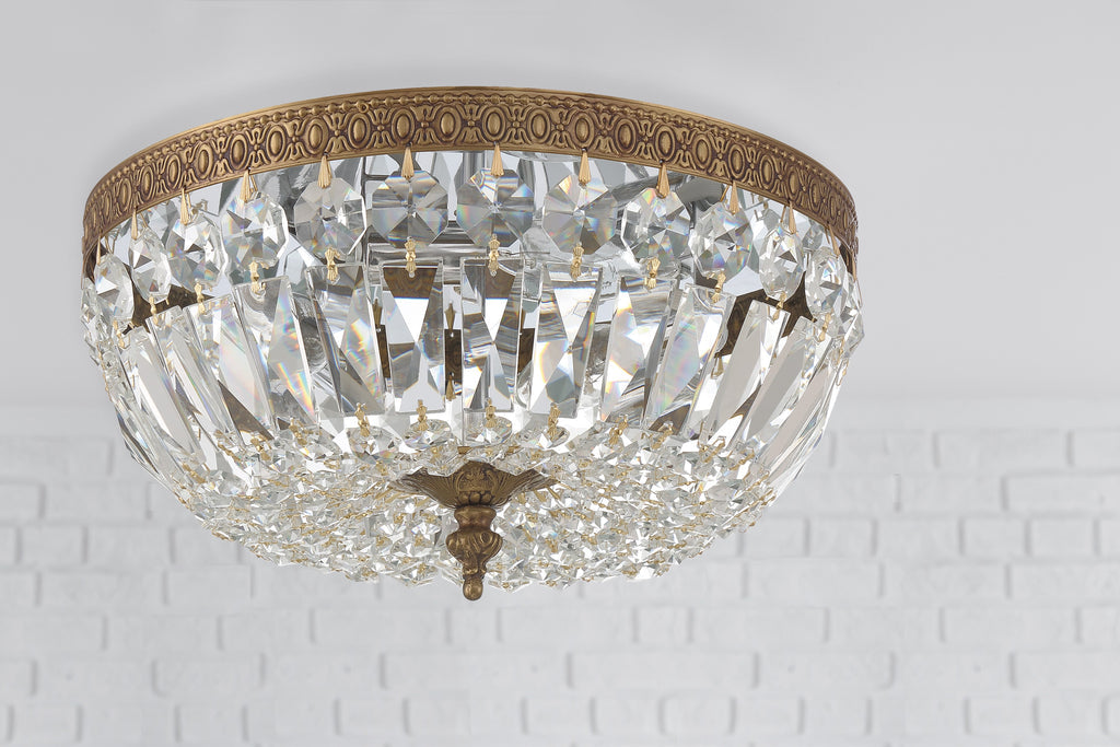 ##Antique Hardware## Crystorama 3 Light Clear Italian Crystal Olde Brass Flush Mount