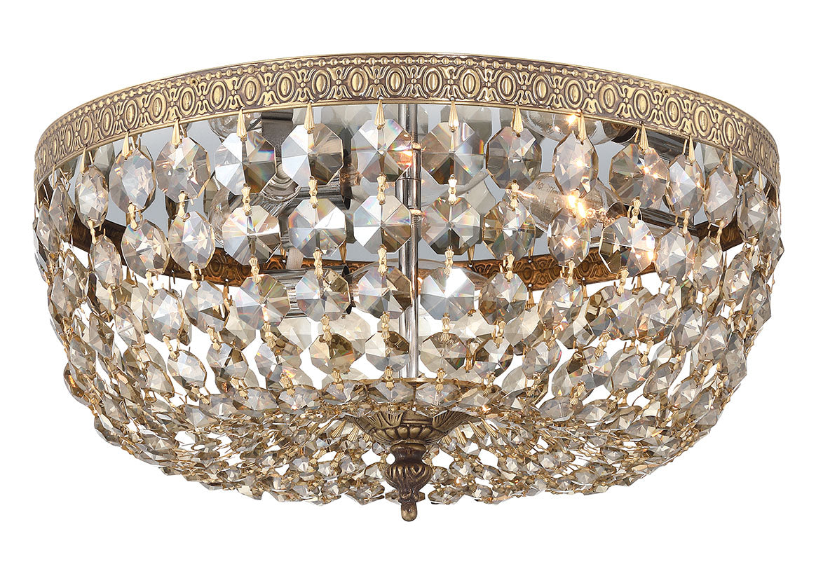 ##Antique Hardware## Crystorama 3 Light Golden Teak Hand Cut Crystal Olde Brass Flush Mount