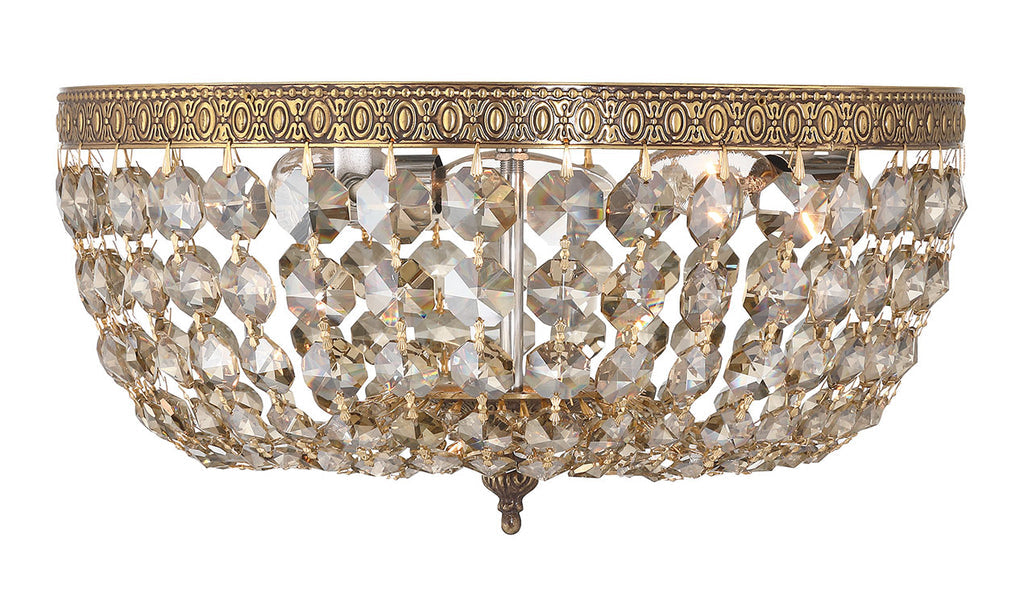 ##Antique Hardware## Crystorama 3 Light Golden Teak Hand Cut Crystal Olde Brass Flush Mount