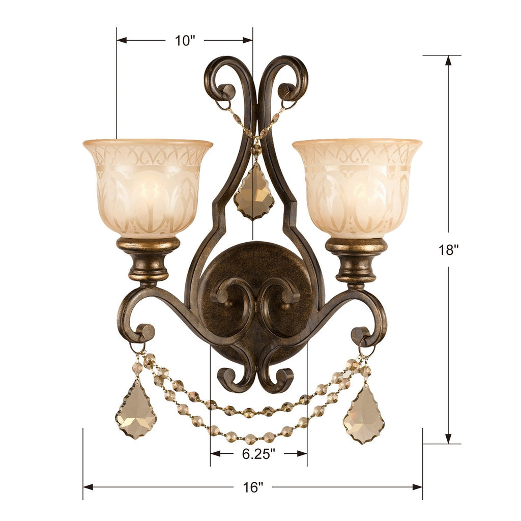 ##Antique Hardware## Norwalk 2 Light Golden Teak Hand Cut Crystal Bronze Umber Sconce