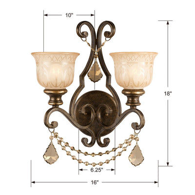 ##Antique Hardware## Norwalk 2 Light Golden Teak Hand Cut Crystal Bronze Umber Sconce