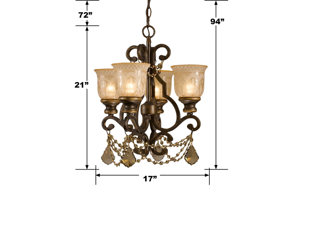 ##Antique Hardware## Norwalk 4 Light Golden Teak Hand Cut Crystal Bronze Umber Mini Chandelier