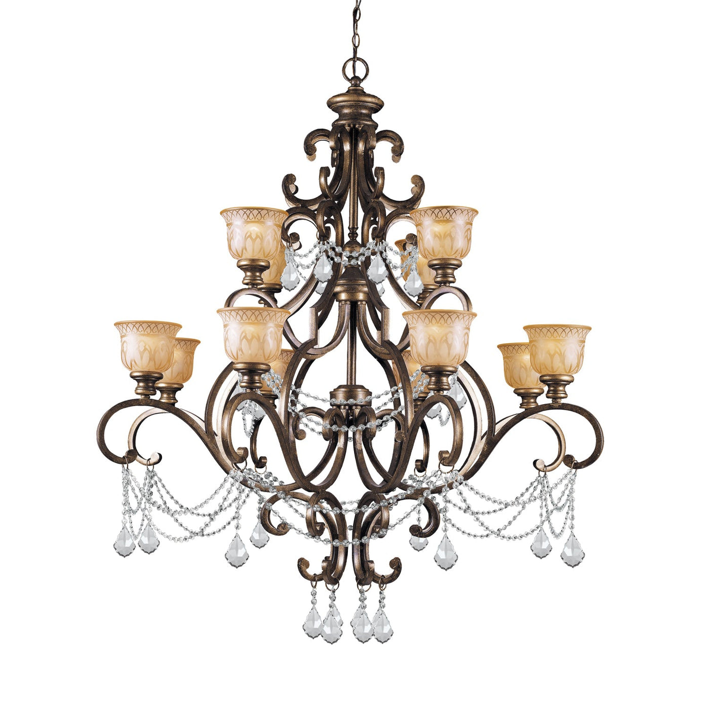 ##Antique Hardware## Norwalk 12 Light Clear Italian Crystal Bronze Umber Chandelier