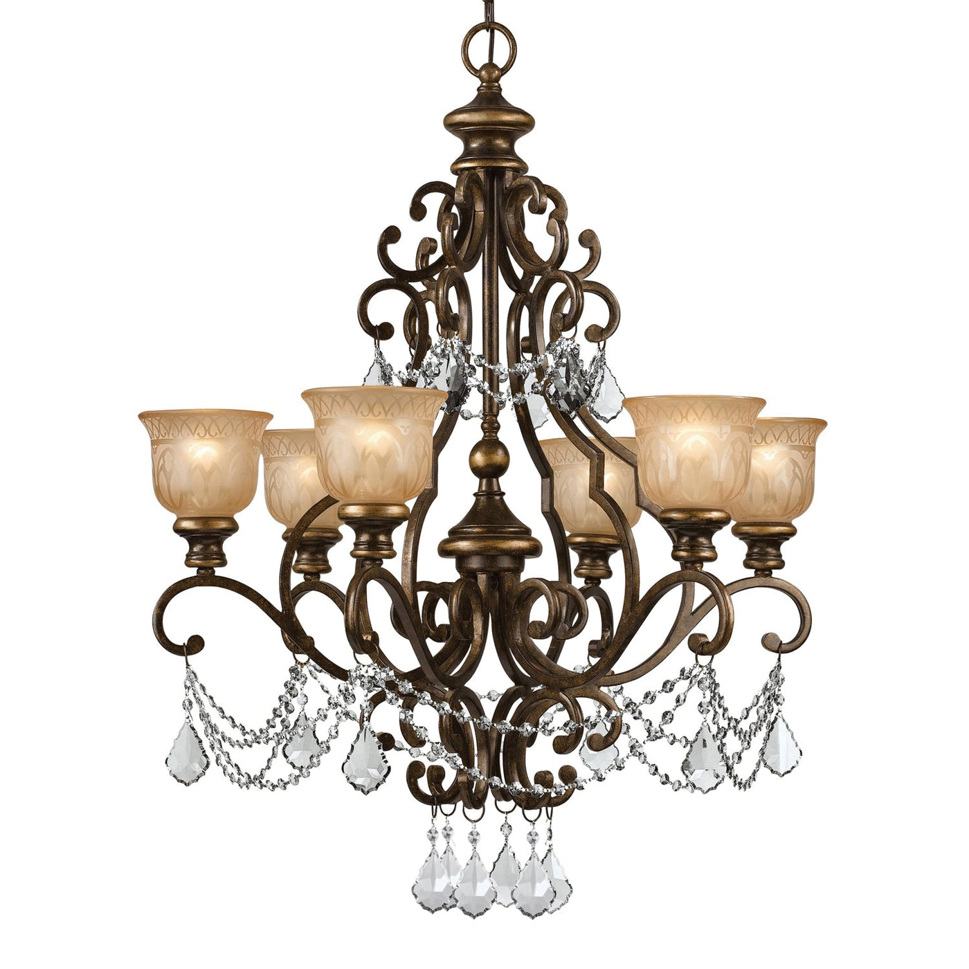 ##Antique Hardware## Norwalk 6 Light Clear Italian Crystal Bronze Umber Chandelier