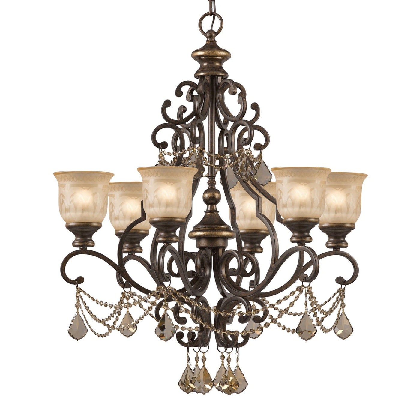 ##Antique Hardware## Norwalk 6 Light Golden Teak Hand Cut Crystal Bronze Umber Chandelier