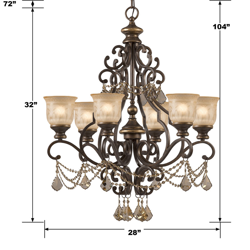 ##Antique Hardware## Norwalk 6 Light Golden Teak Swarovski Strass Crystal Bronze Umber Chandelier