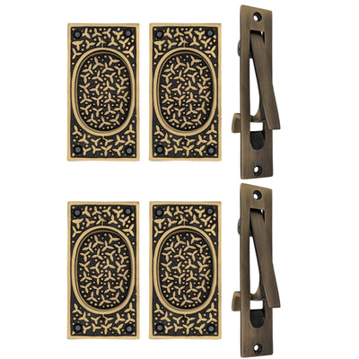 ##Antique Hardware## Rice Pattern Pocket Door Set (Several Finishes Available)