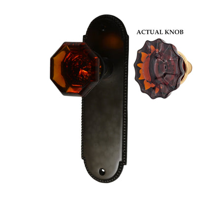 Arched Beaded Backplate Door Set with Fluted Amber Glass Door Knobs (Several Finishes Available)