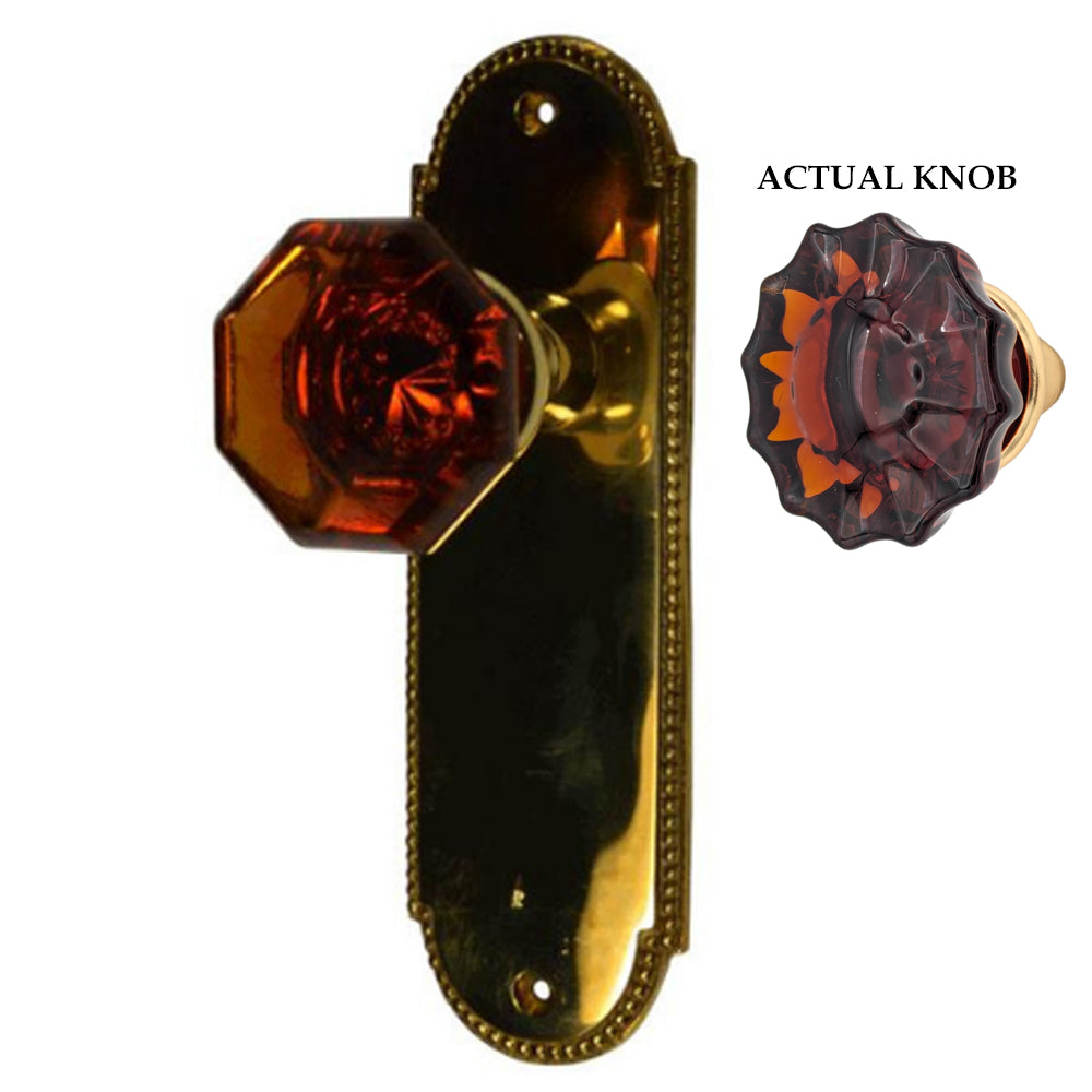 Arched Beaded Backplate Door Set with Fluted Amber Glass Door Knobs (Several Finishes Available)