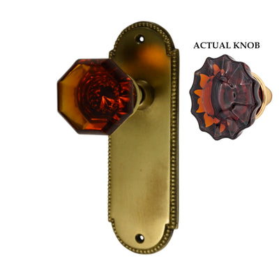 Arched Beaded Backplate Door Set with Fluted Amber Glass Door Knobs (Several Finishes Available)