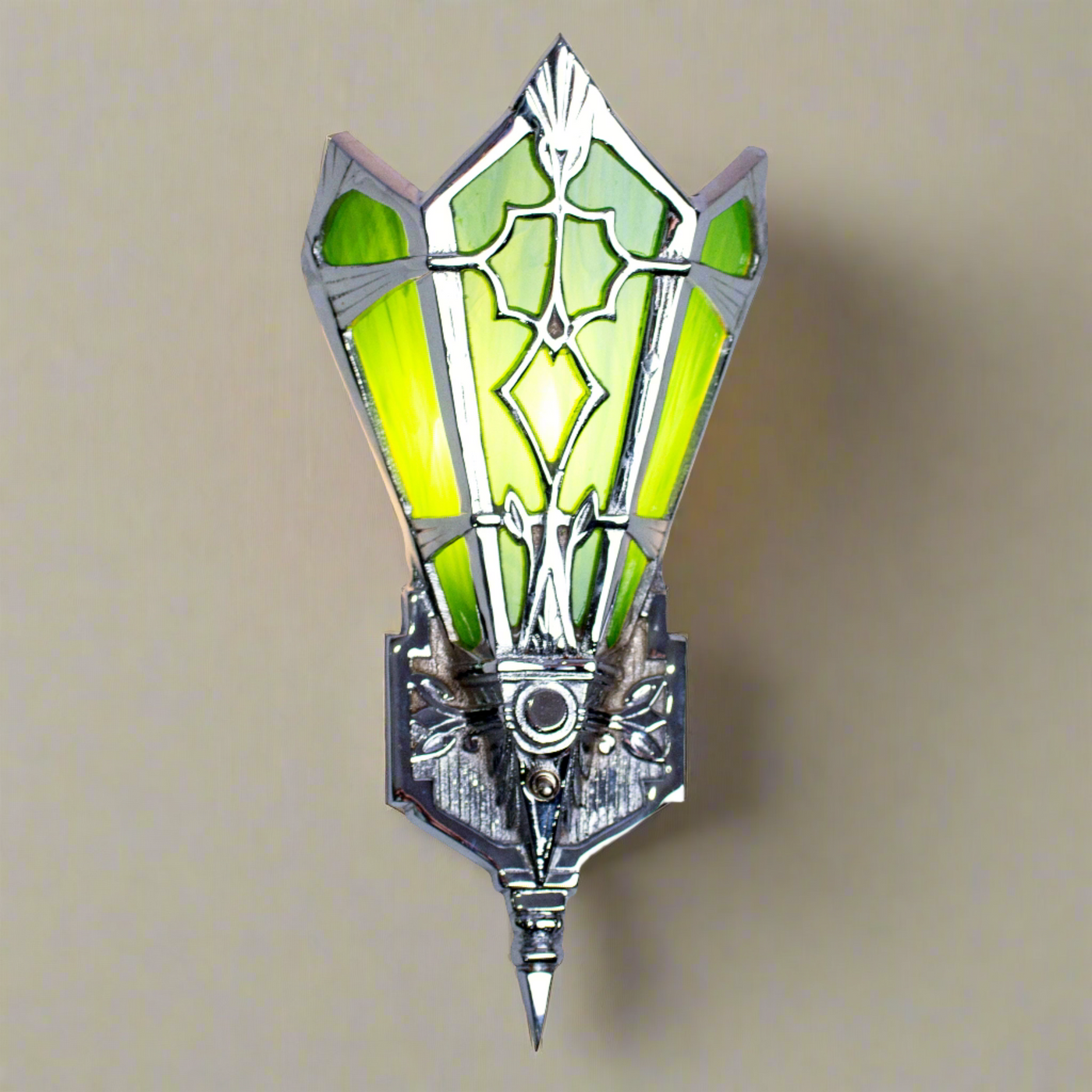 ##Antique Hardware## 14 Inch Art Deco Stained Glass Shade Deco Green Wall Sconce