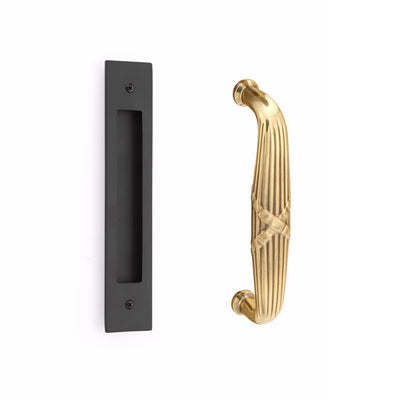 Antique Hardware 10 Inch Solid Brass Modern Rectangular Ribbon & Reed Door Pull Set FLUSH-PULL-POCKET DOOR