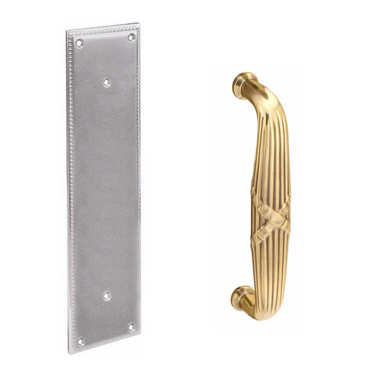 Antique Hardware 12 Inch Solid Brass Knoxville Ribbon & Reed Pull Plate Set FLUSH-PULL-POCKET DOOR