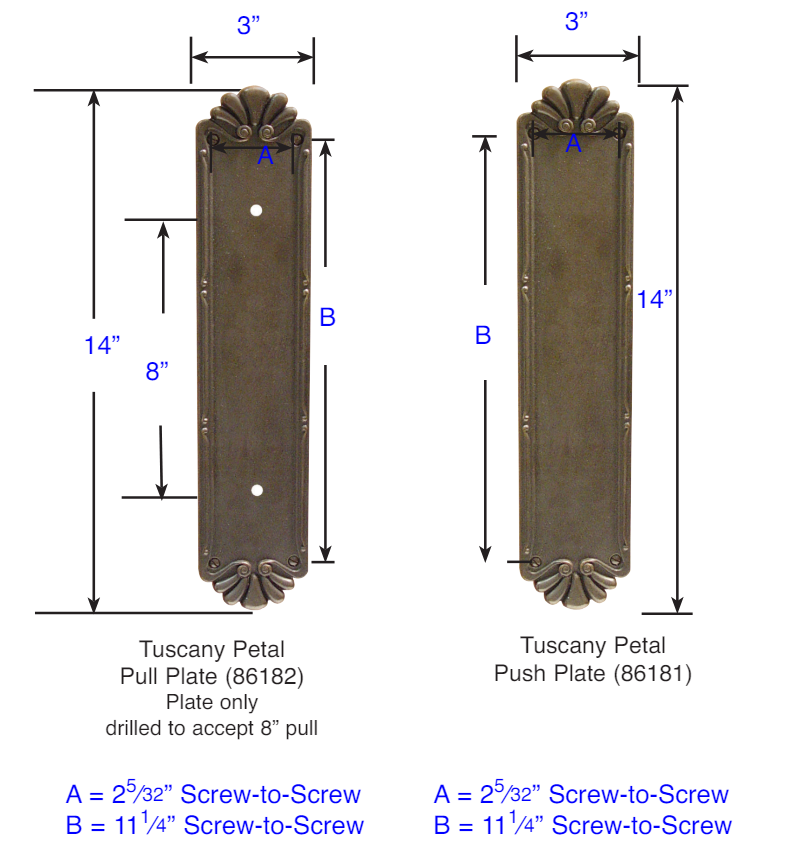 Antique Hardware 14 Inch Tuscany Bronze Petal Palermo Push & Pull Door Set FLUSH-PULL-POCKET DOOR