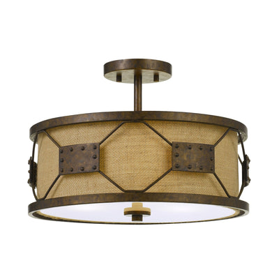 Antique Hardware 60W X 3 RAGUSA METAL 2 IN 1 PENDANT/SEMI FLUSH MOUNT FIXTURE WITH BURLAP SHADE Pendant