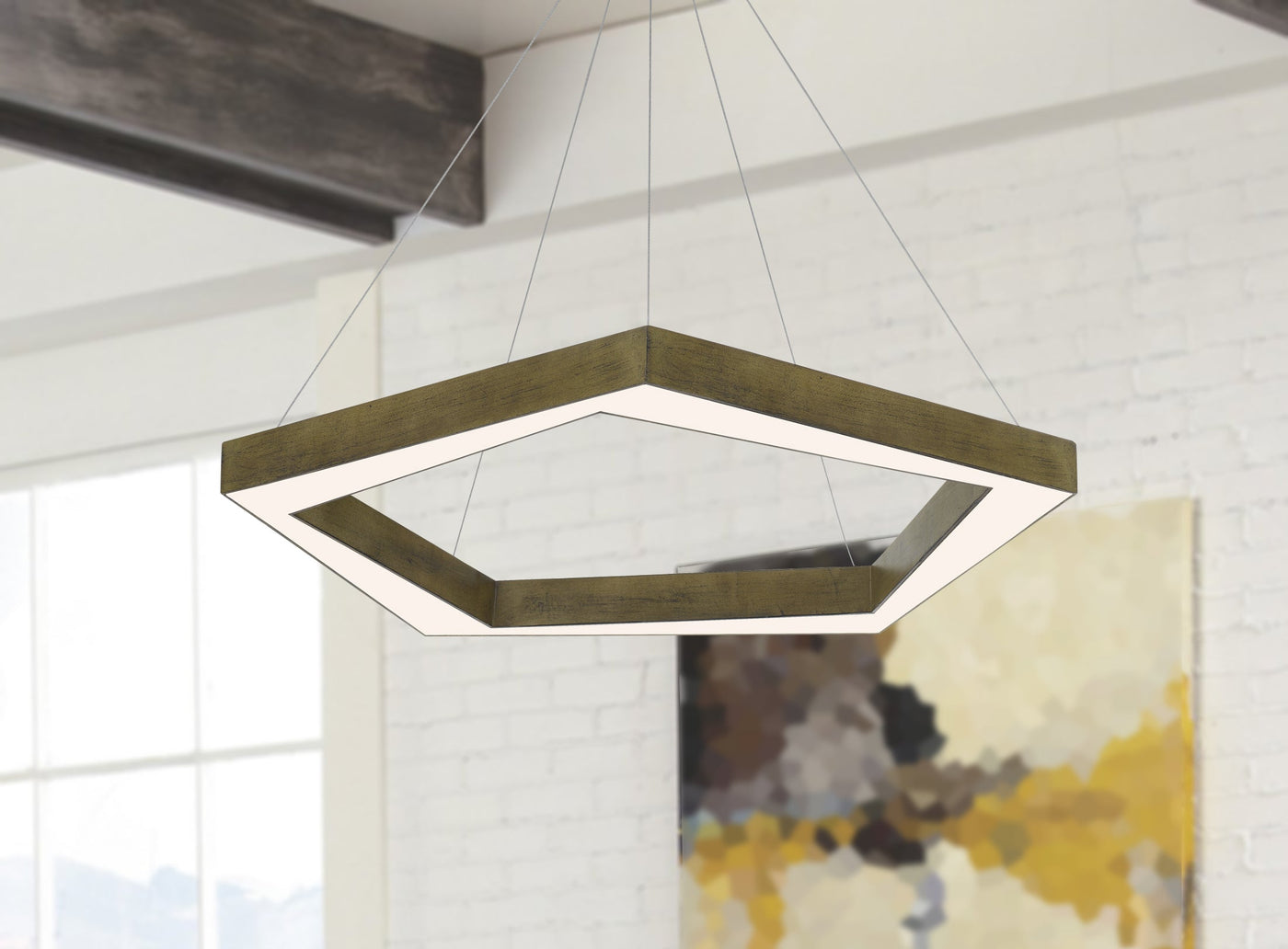 ##Antique Hardware## METZ DIMMABLE INTEGRATED LED POLYGON PINE WOOD PENDANT FIXTURE. 38W, 3000 LUMEN, 3000K