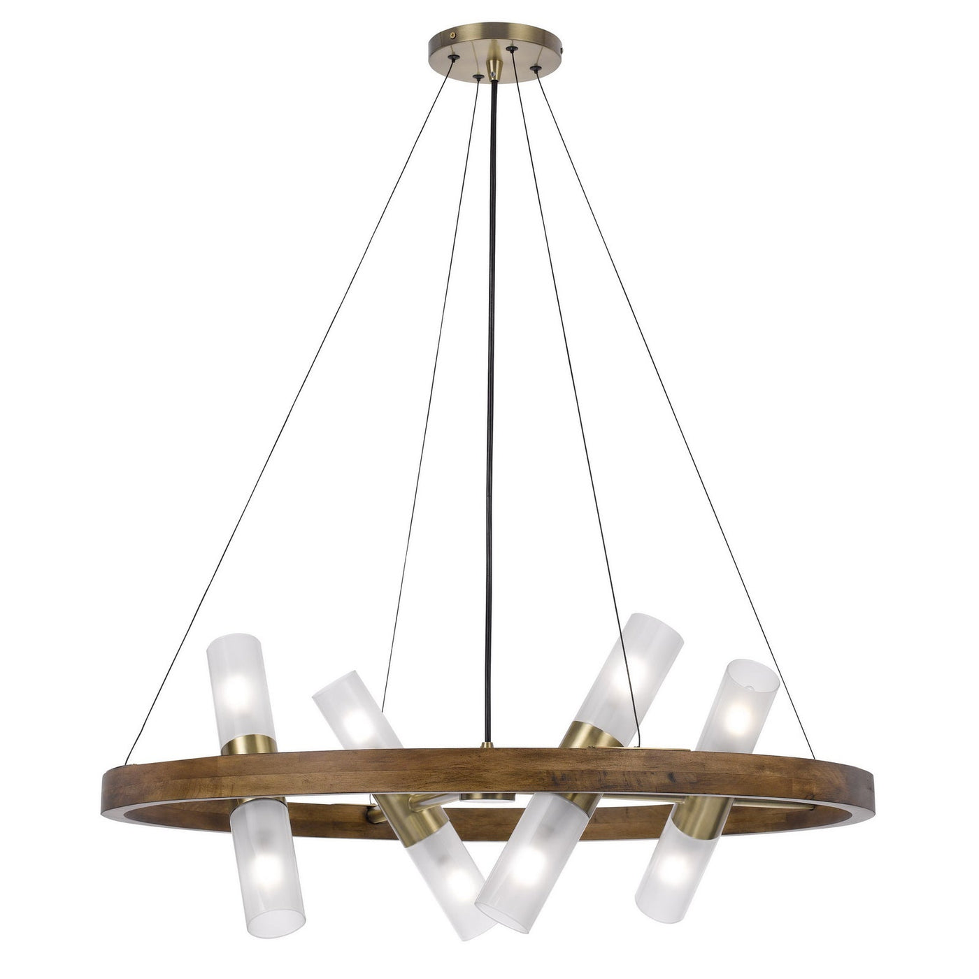 Antique Hardware 40W X 8 HEMPSTEAD BIRCH WOOD CYLINDER CHANDELIER WITH ADJUSTABLE STEEL CABLE AND GLASS SHADES Chandelier