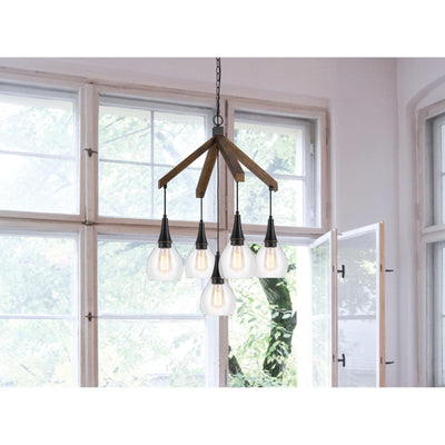 Antique Hardware 60W X 5 WATKINS RUBBER WOOD CHANDELIER WITH HANGING GLASS SHADES Chandelier