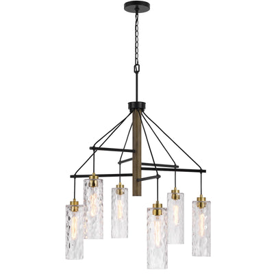 Antique Hardware 60W X 6 WILLISTON RUBBER WOOD CHANDELIER WITH HANGING TEXTURED GLASS SHADES Chandelier