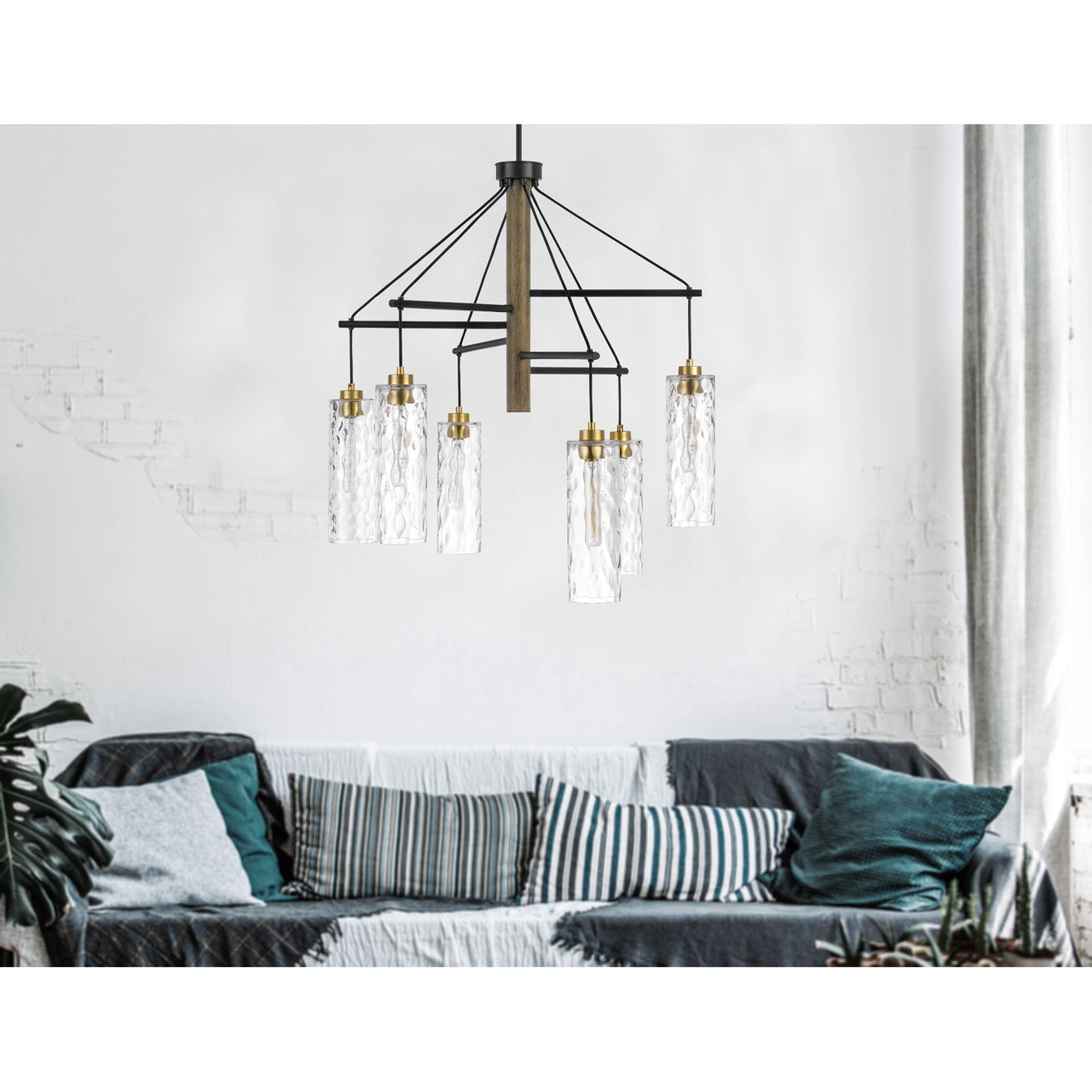 Antique Hardware 60W X 6 WILLISTON RUBBER WOOD CHANDELIER WITH HANGING TEXTURED GLASS SHADES Chandelier