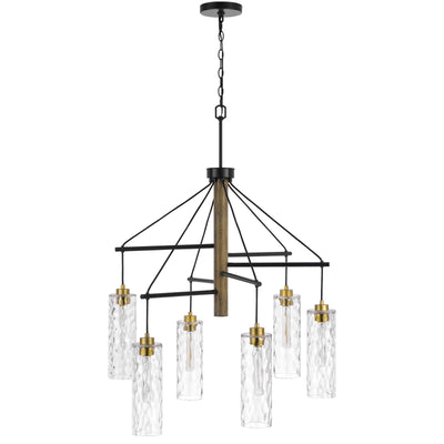 Antique Hardware 60W X 6 WILLISTON RUBBER WOOD CHANDELIER WITH HANGING TEXTURED GLASS SHADES Chandelier