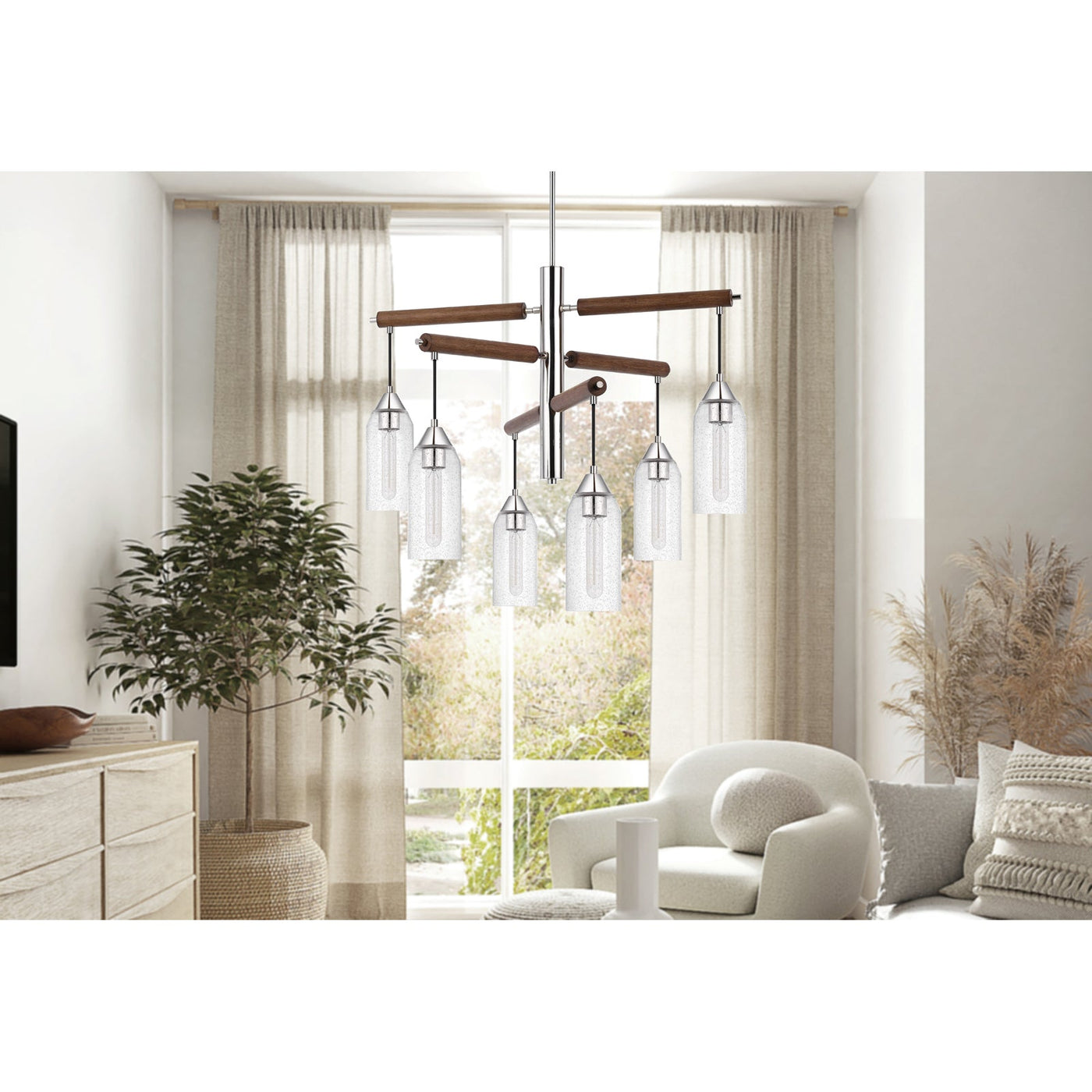 Antique Hardware 60W X 6 MASSILLON RUBBER WOOD CHANDELIER WITH HANGING BULBBED GLASS SHADES Chandelier