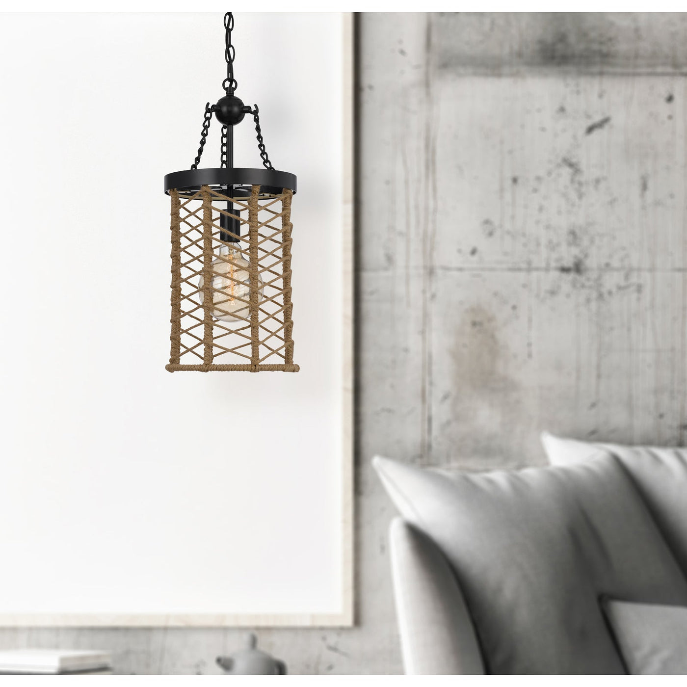 ##Antique Hardware## LILLINGTON 60W METAL PENDANT LIGHT WITH BURLAP ROPED CAGE