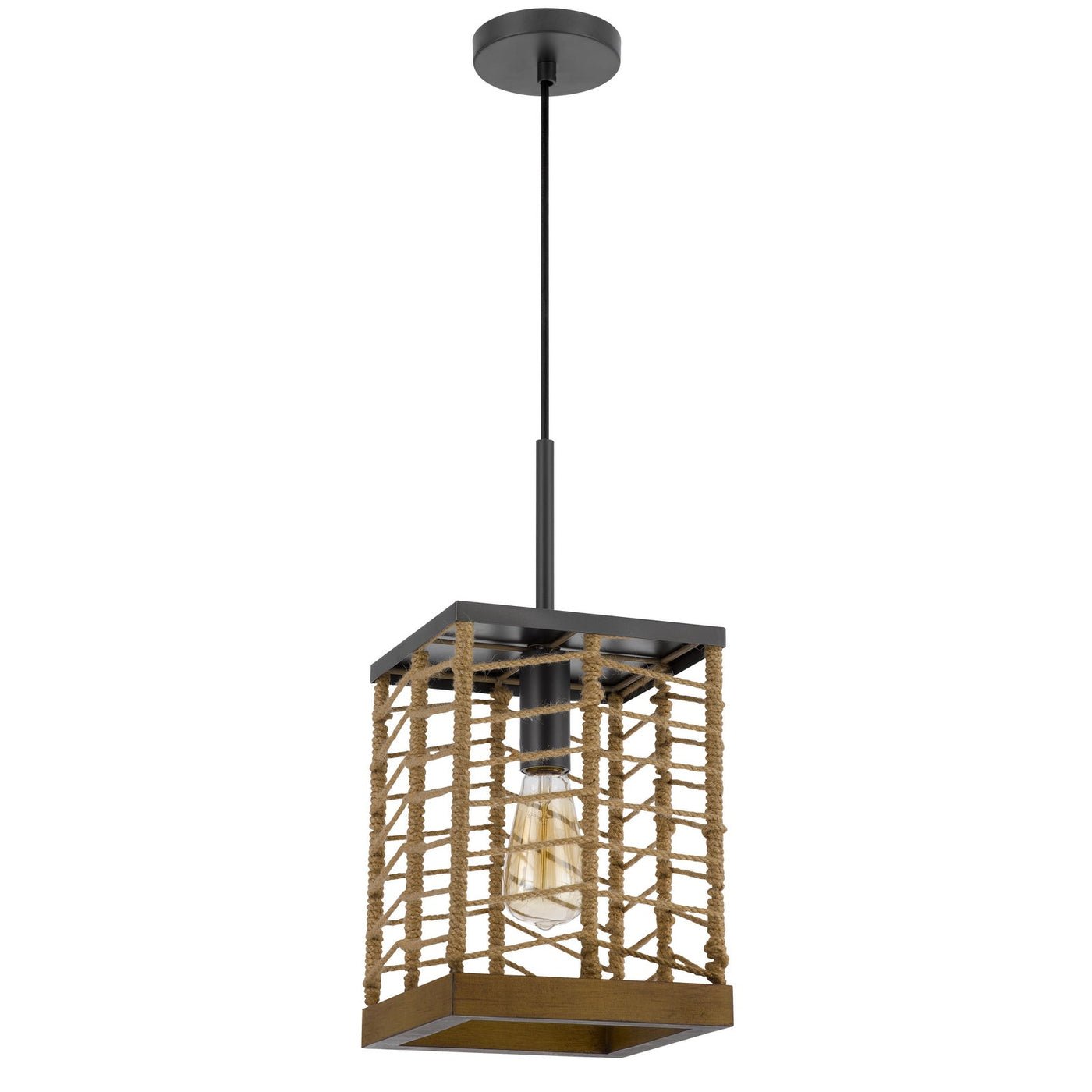 ##Antique Hardware## Winfall 60W metal with birch wood bottom trim square pendant with burlap roped shade