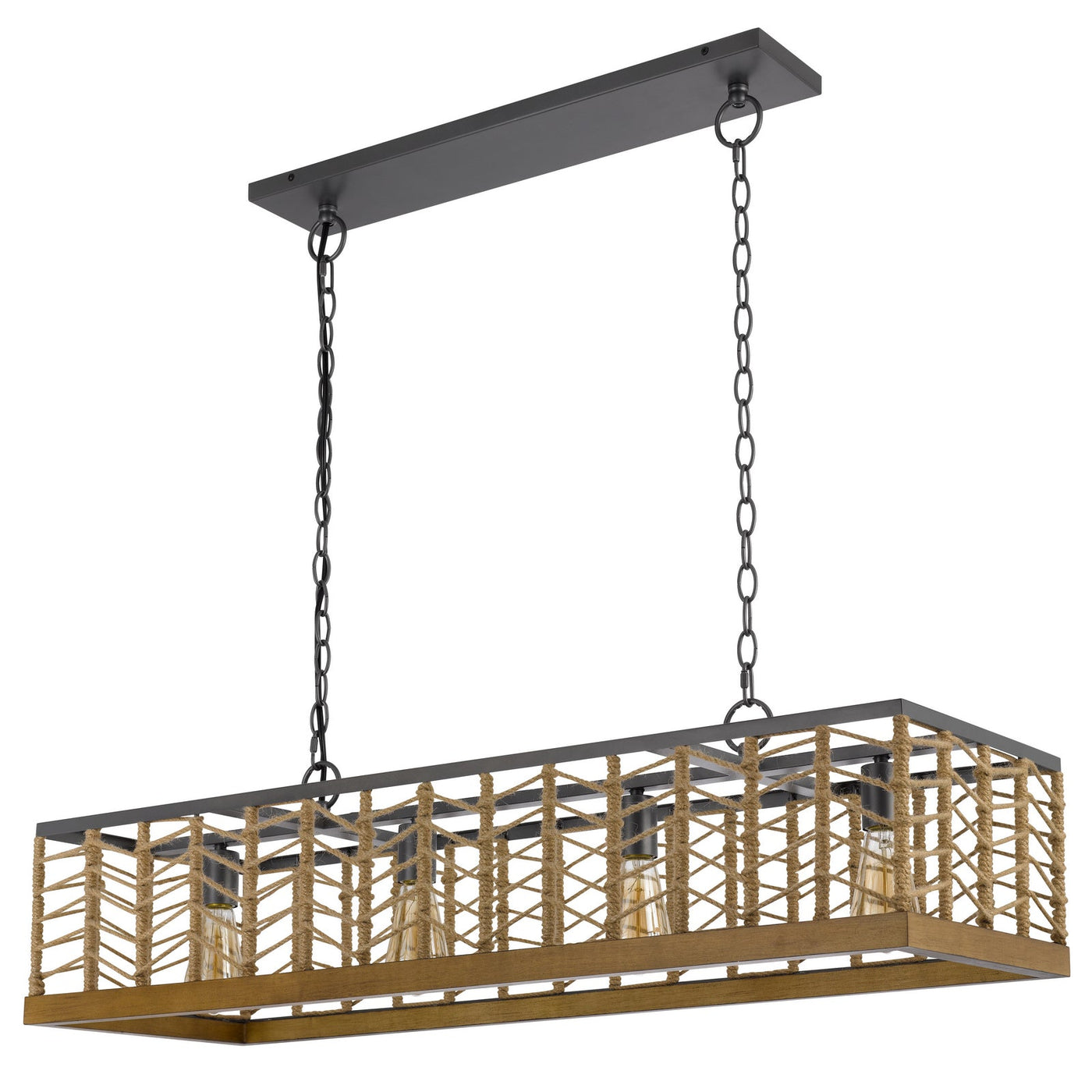 ##Antique Hardware## Winfall 60W x 4 metal with birch wood bottom trim square pendant with burlap roped shade