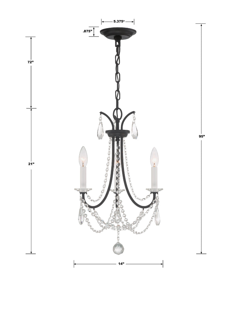 ##Antique Hardware## Karrington 3 Light Matte Black Mini Chandelier