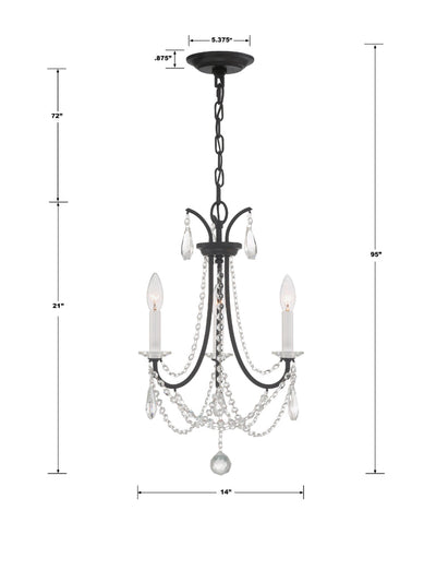 ##Antique Hardware## Karrington 3 Light Matte Black Mini Chandelier