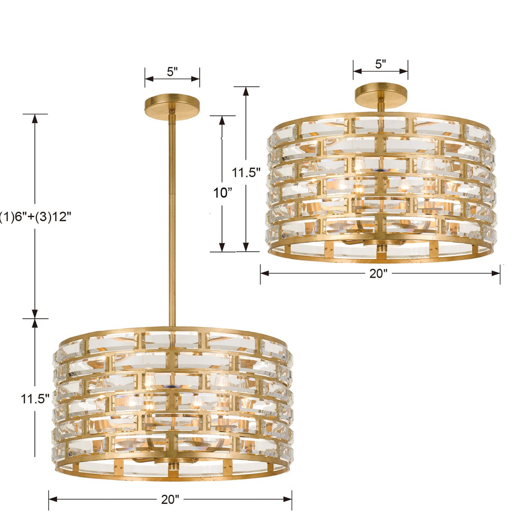 ##Antique Hardware## Meridian 6 Light Antique Gold Semi Flush Mount