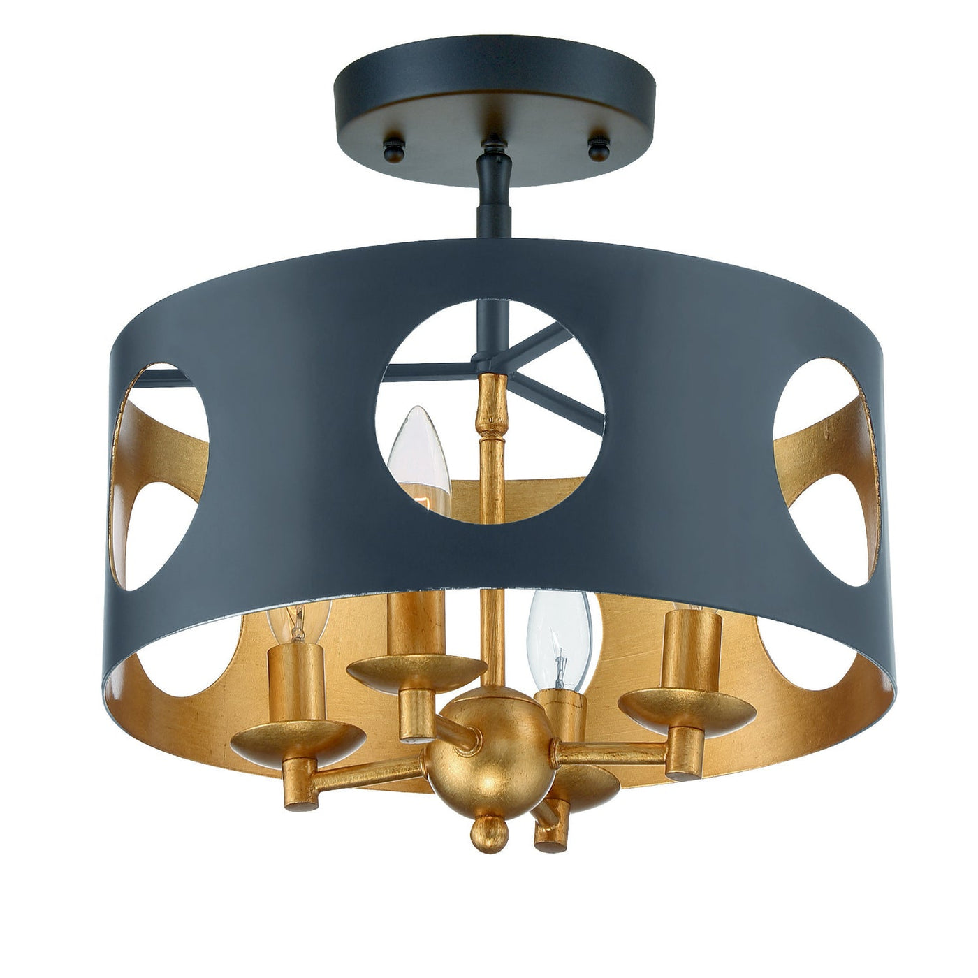 ##Antique Hardware## Odelle 4 Light Black + Antique Gold Semi Flush Mount